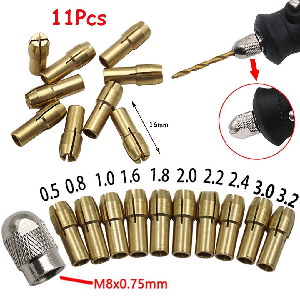 11Pcs 0.5-3.2mm Brass Drill Chucks Collet Bits 4.8mm Shank Screw Nut Replacement