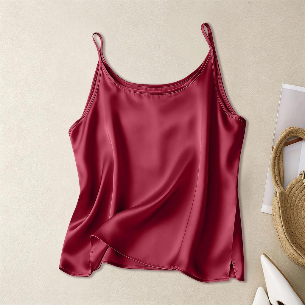 Fashion Women's Silk Satin Vest V-neck Slim Shoulder Strap Vest Soft Sleeveless Round Neck Vest