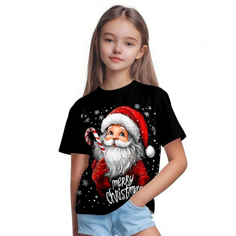 T-Shirt Girls 3D Printed Christmas Featuring Santa Claus Short Sleeve O Neck Casual Christmas Clothes Girls Top
