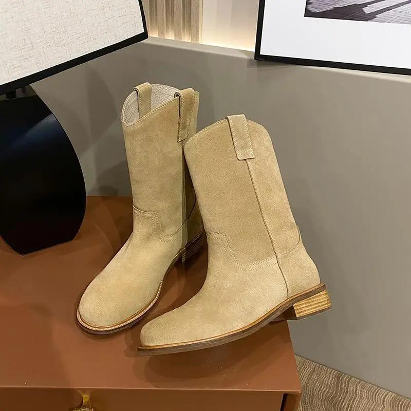 Fashion Footwear Denim Ladies Boots Middle Heel Shoes for Women Half High Cowgirl Mid Calf Cowboy New Rock In On Promotion Fashion 2025