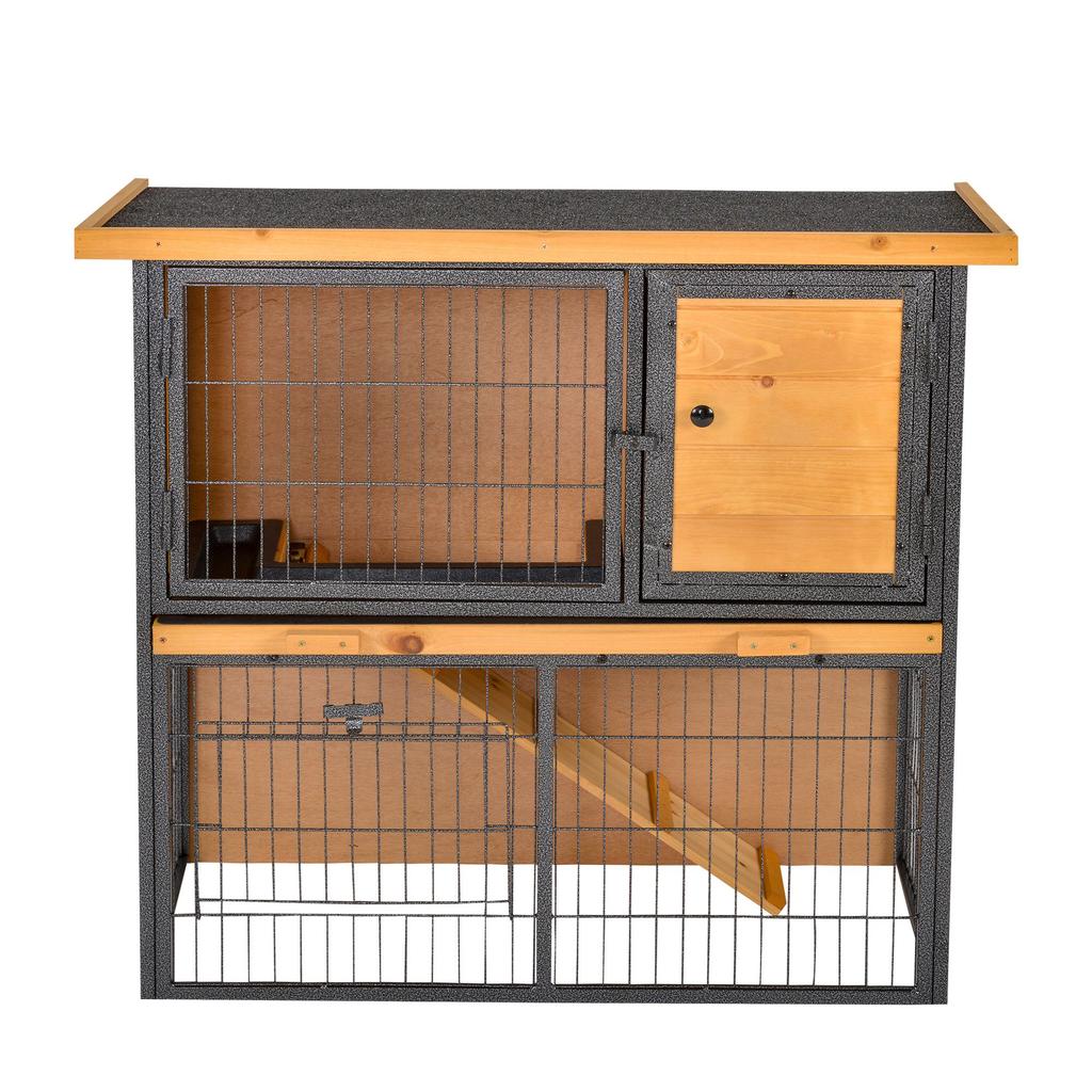 Guinea Pig Hutch Rabbit Hutch Wood-metal Elevated Pet House Bunny Cage with No-Leak Tray Ramp Openable Roof Outdoor 89.5 x 45 x 81cm Light Yellow
