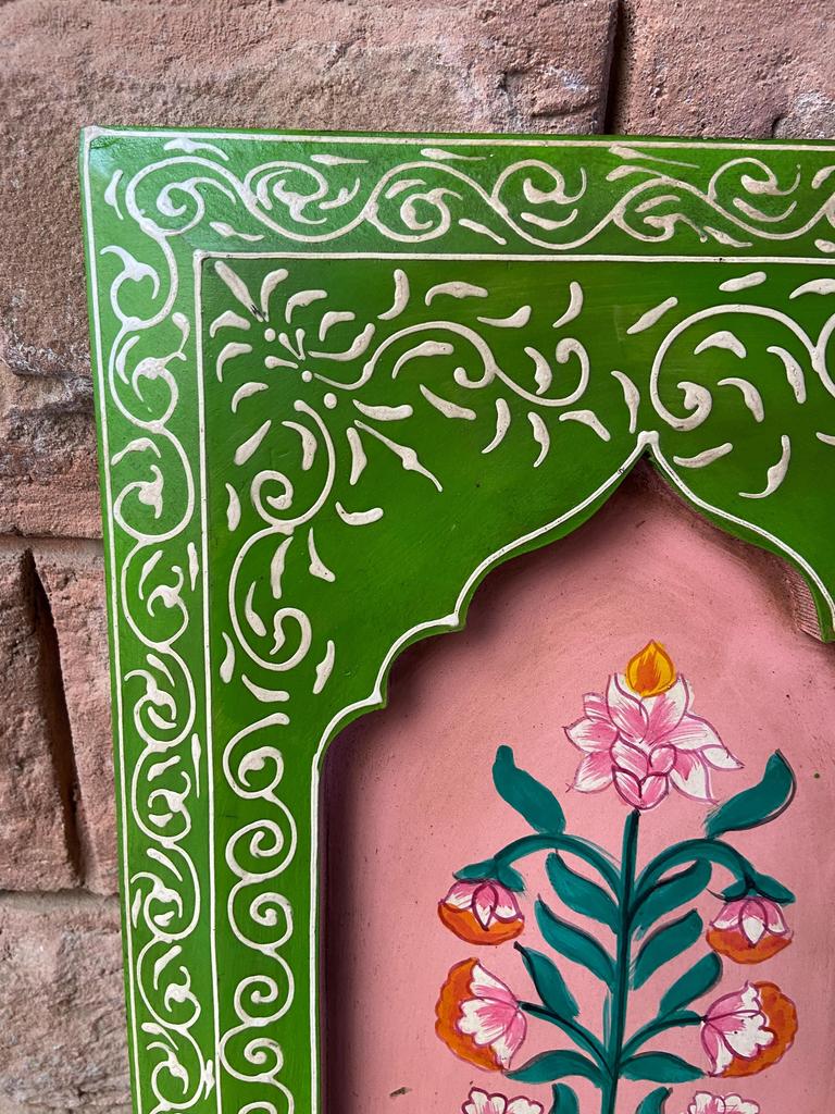 Hand-Carved Floral Wall Decor: Vintage Indian Painted Wood Art