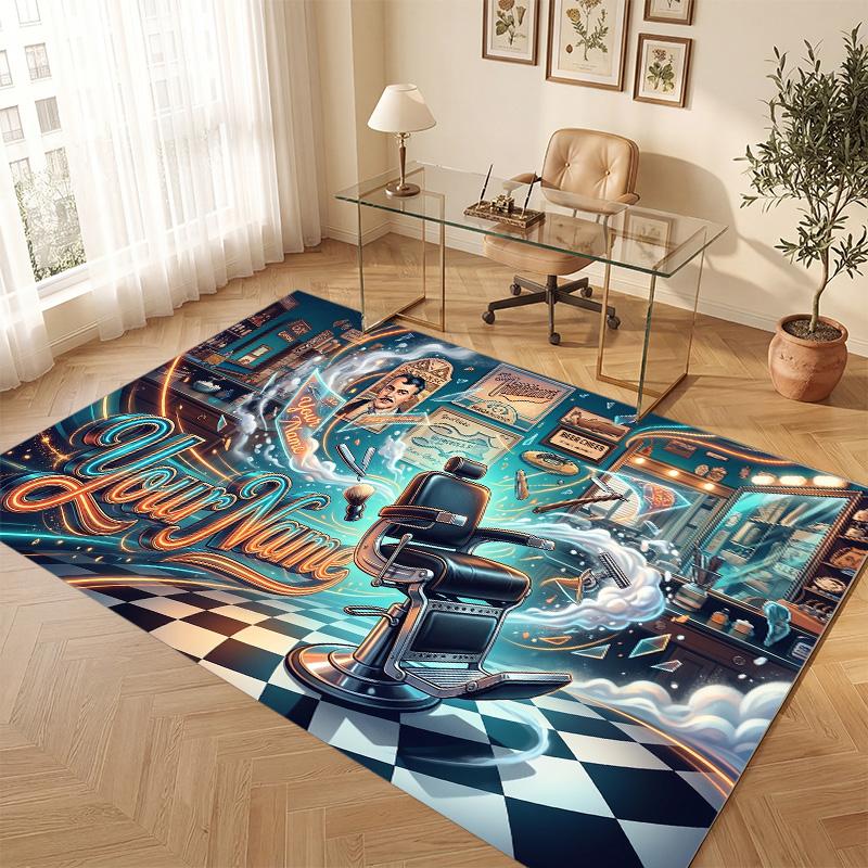 Barber Salon Theme Soft Crystal Velvet Rug Custom Name & Text Print Non Slip Floor Rug for Bedroom Living Room
