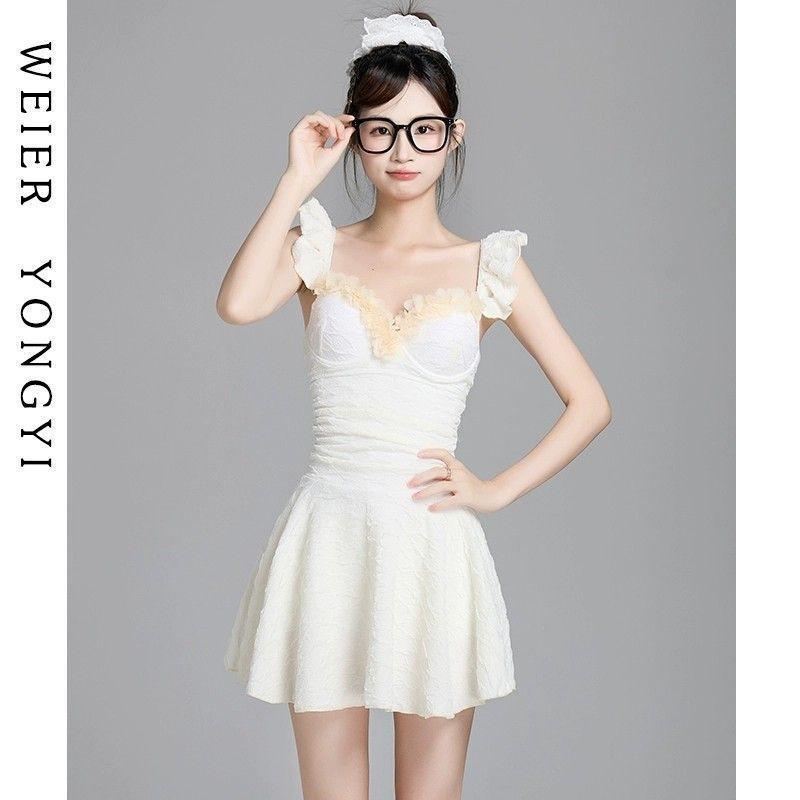 

Swimsuit Female High-quality Fairy Fan One-piece Suspender Skirt Style Conservative Belly Cover Small Chest Gather To Soak In Hot M покинуть белый