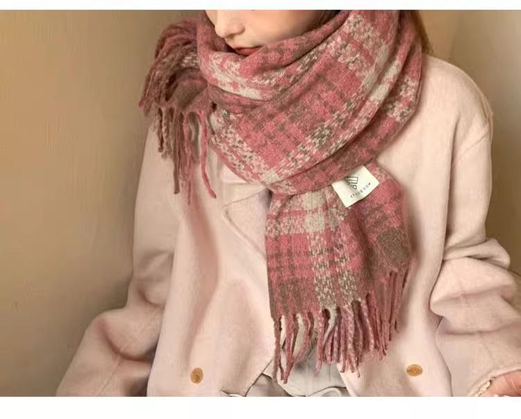 Korean Style Thick Pink Plaid Scarf for Women - Autumn/Winter Neck Warmer