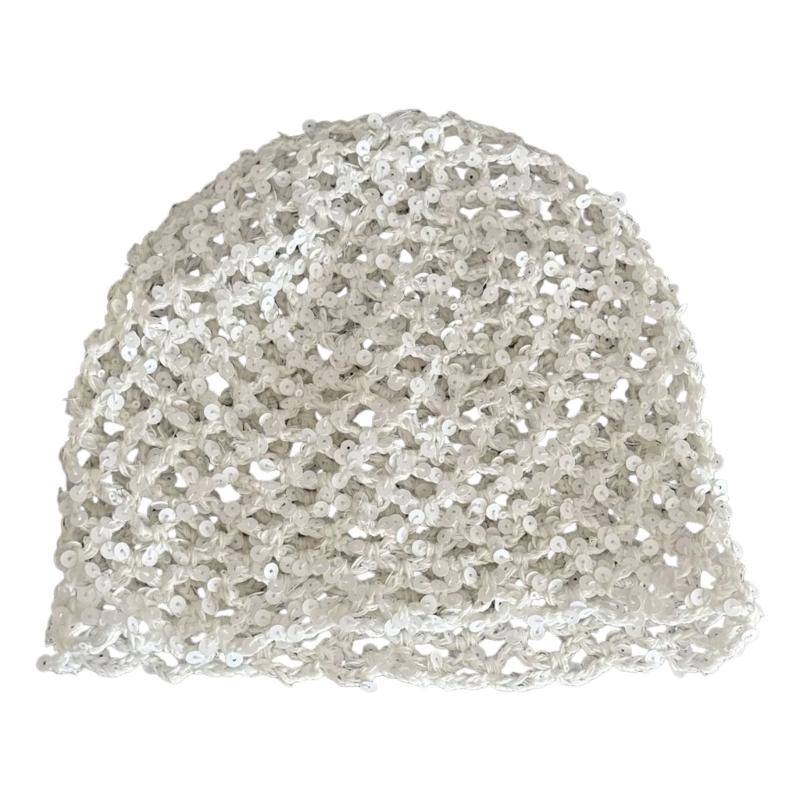 

2000s Stackable Sequined Cap Breathable Nylon Slimming Face Shape Pullover Hat For Women Outdoor Activity Music Festival белый