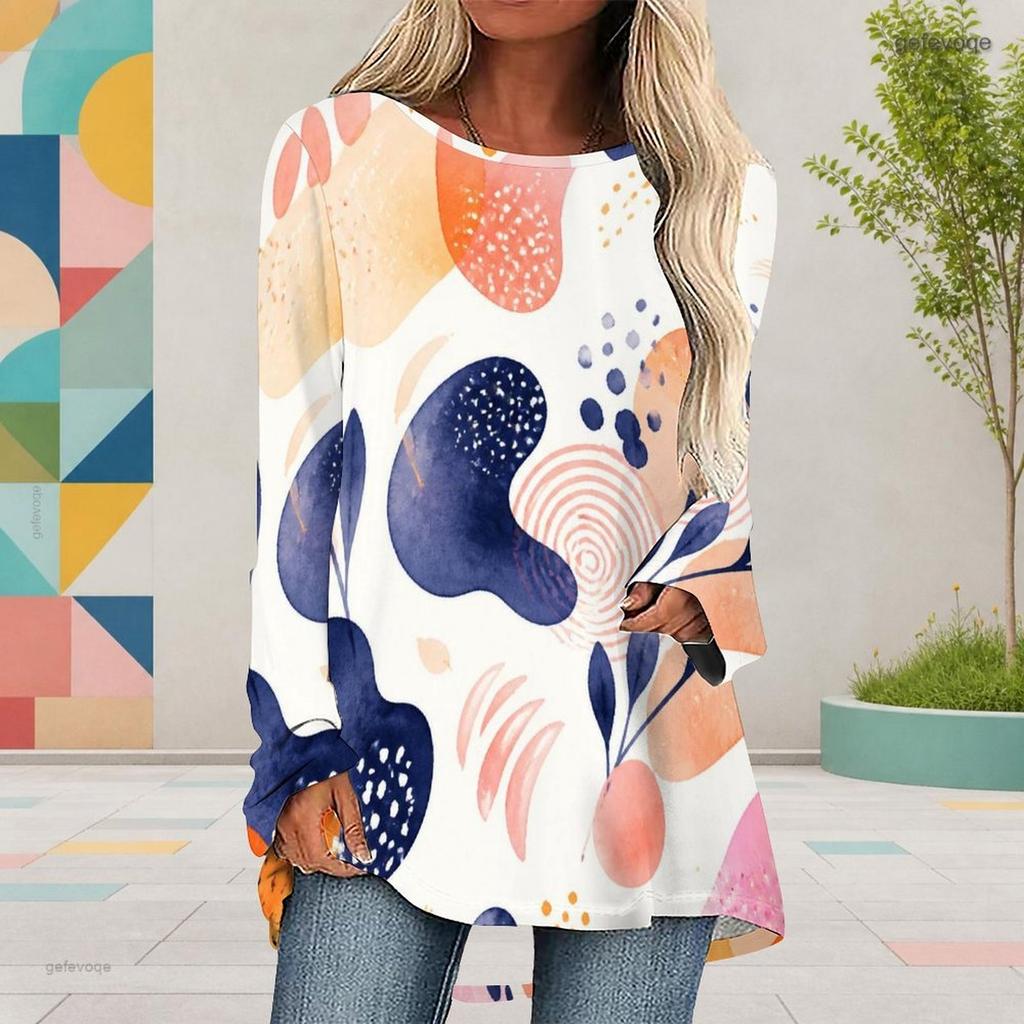 Women Plus Size Round Neck Long Sleeve Dark Blue Printed Loose High Low Hem Shirt