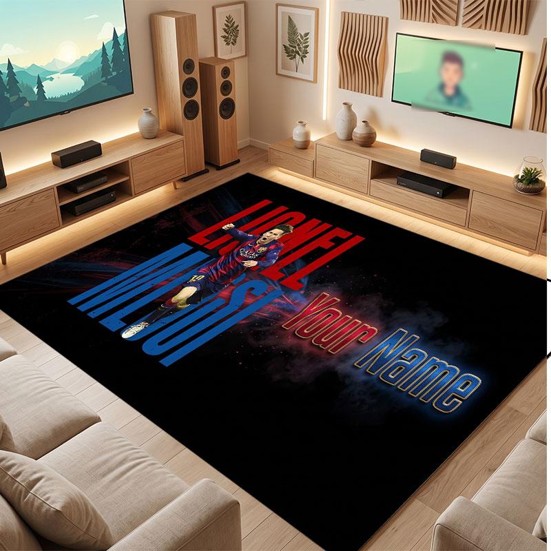 Tappeto Personalizzato in Velluto di Cristallo Lionel Messi, Stampa Testo Nome Personalizzato, Logo Calcio Morbido Antiscivolo Tappetino per Pavimento Decorazione Casa Regalo