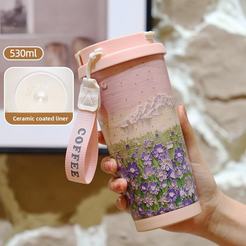 Flowers Garden Travel Coffee Tumblers Ceramic Inner Liner Tumbler Stainless Steel Cup with Lid & Straw Coffee Mug Holiday Gifts