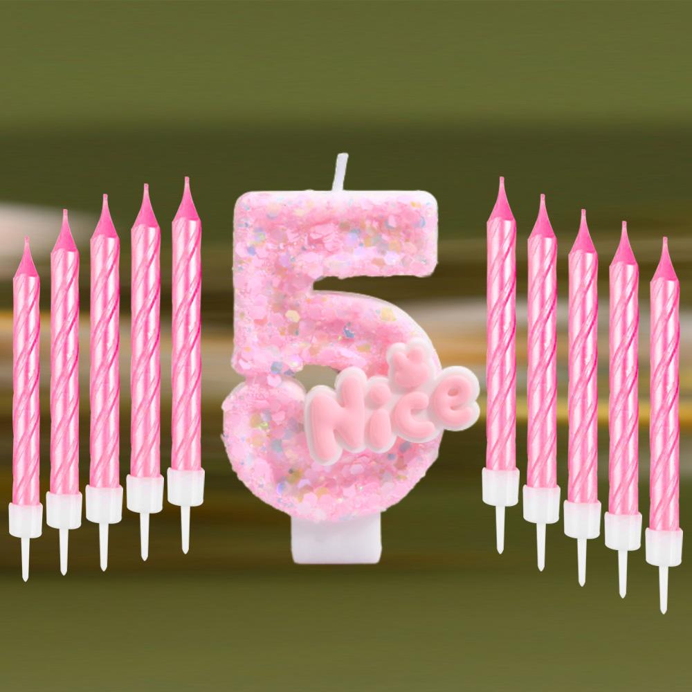 11pcs Glitter Pink Nice Birthday Candle 0-9 Cake Topper Decorations for Girl Woman Baby Shower Party Wedding Decor Supplies