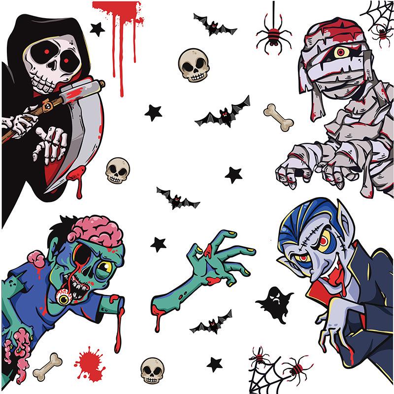 Halloween Cartoon Wall Sticker: Skull, Pumpkin, Balloon, Scarecrow, Self-Adhesive Glass Decal