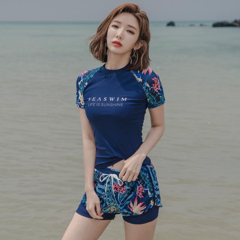 

Женский спортивный купальник-двойка в корейском стиле, с коротким рукавом и защитой от солнца, контроль живота, утягивающий, консервативный купальник для горячих источников XXXL