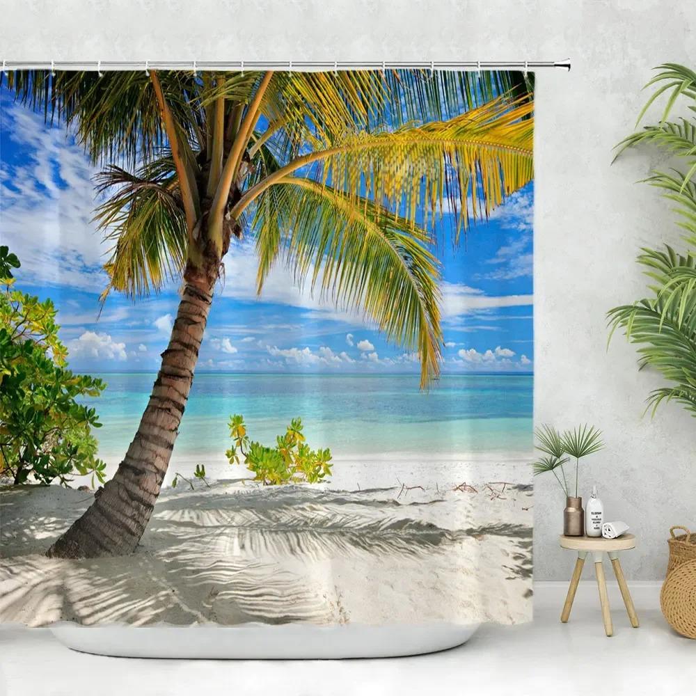 Paesaggio Marino Tenda da Bagno Doccia Tenda da Doccia Tropicale Oceano Spiaggia Foglia di Palma Lavabile Tende da Bagno Tessuto in Poliestere Decorazione per la Casa
