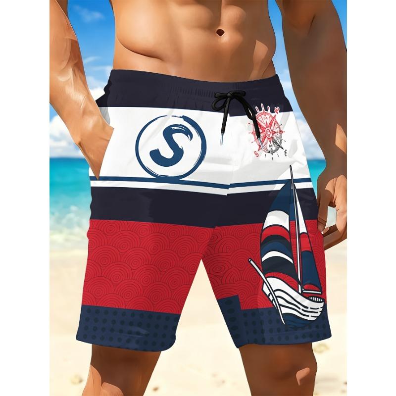 Men s quick-dry swim trunks in vibrant red and black geometric 3D print | Casual S