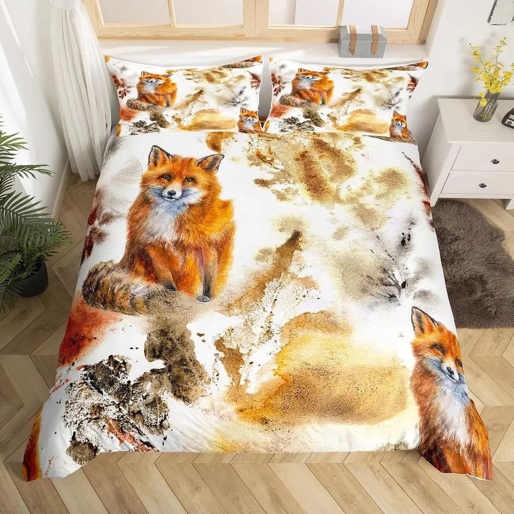 Tribal Fox Printed Duvet Set Woodland Animal Quilt Set Three-Piece Set