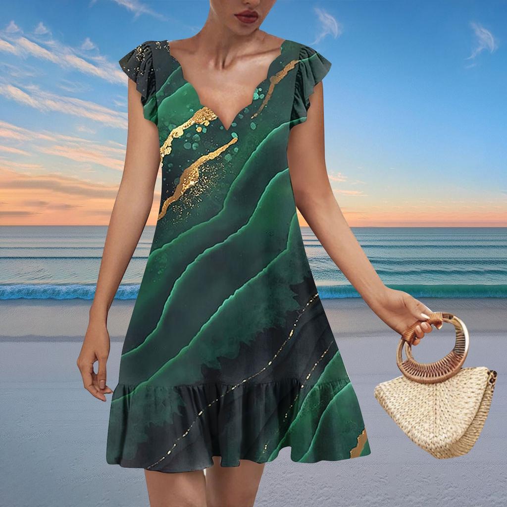Women's Fashion Casual V Neck Wavy Edge Texture Print Short Sleeve Dress
