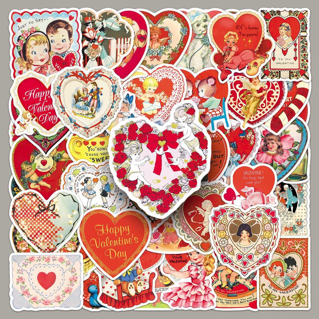 50 Sheets Retro Valentine's Day Stickers: Cartoon Hearts & Romantic Graffiti for Journals & Storage Boxes