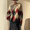 Autumn and winter new rhombus pullover women's loose versatile crew neck wool knitted sweater top