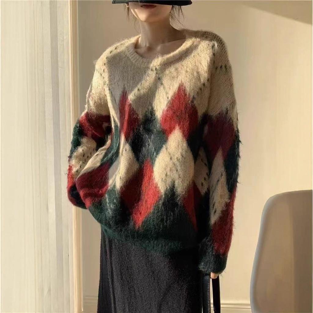Autumn and winter new rhombus pullover women's loose versatile crew neck wool knitted sweater top
