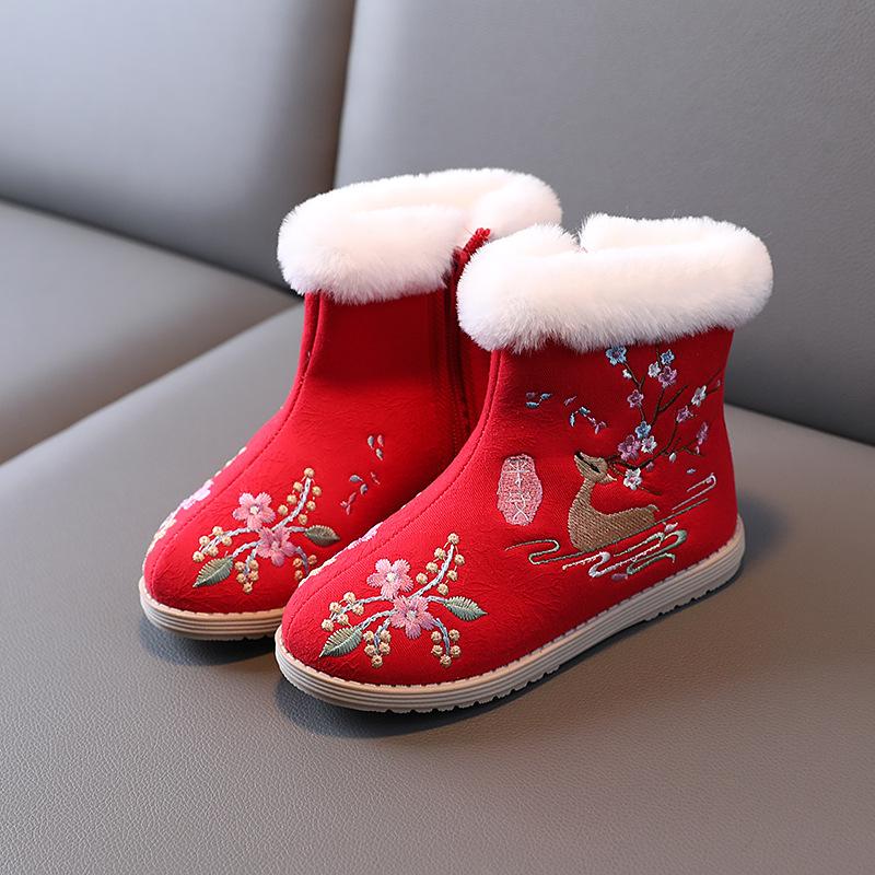 Girls Ethnic Style Embroidery Large Size Thick Bottom Winter Warm Fur One Snow Boots Thickened Lined Ankle Boots Non-slip Hiking Sports Cotton Boots
