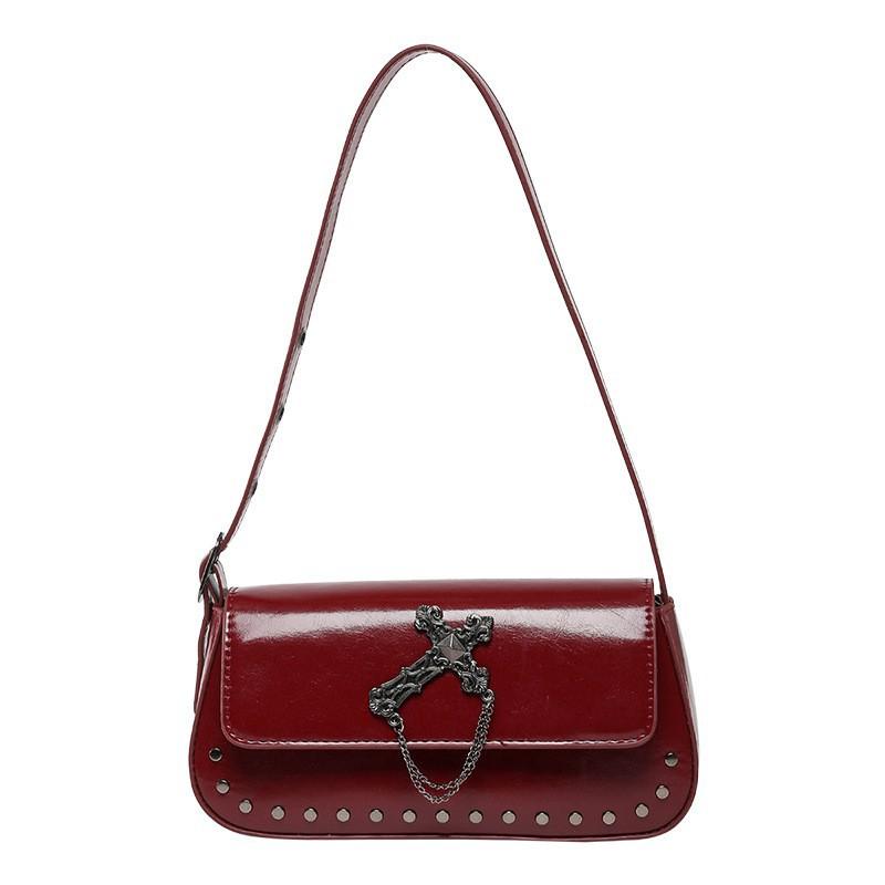 

Niche Gothic Cross Square Bag Female Temperament Hot Girl Handbag Retro All-matching Armpit Shoulder вина червоного кольору