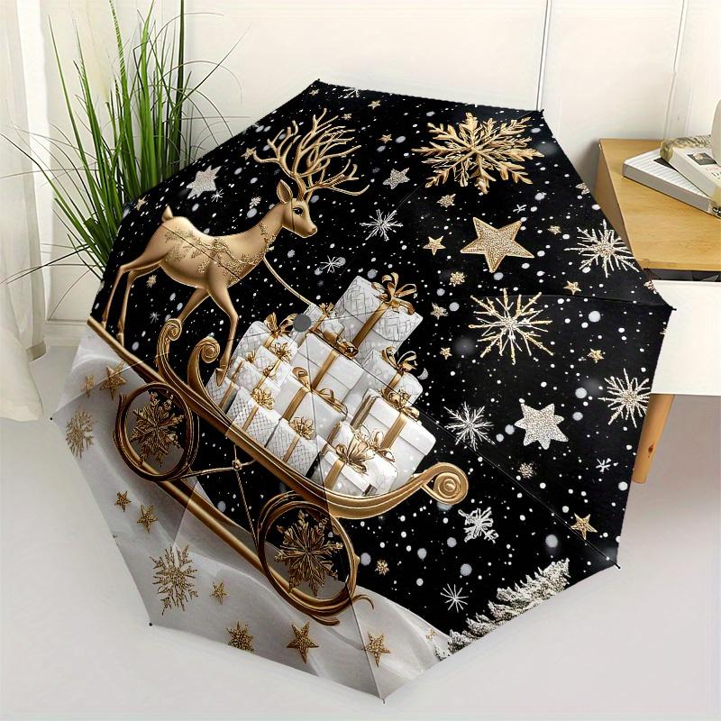 Golden Deer with Presents Christmas OrnamentUmbrella, Portable 3-Fold Compact Umbrella,Christmas Gift ES614