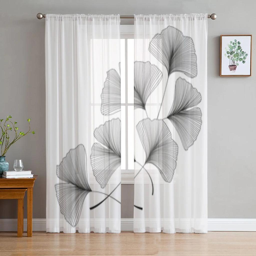 Schöne durchsichtige Vorhänge mit Ginkgo-Blättern für Wohnzimmer, Fenster, transparenter Voile-Tüll-Vorhang, Schlafzimmer-Vorhänge, Heimdekoration