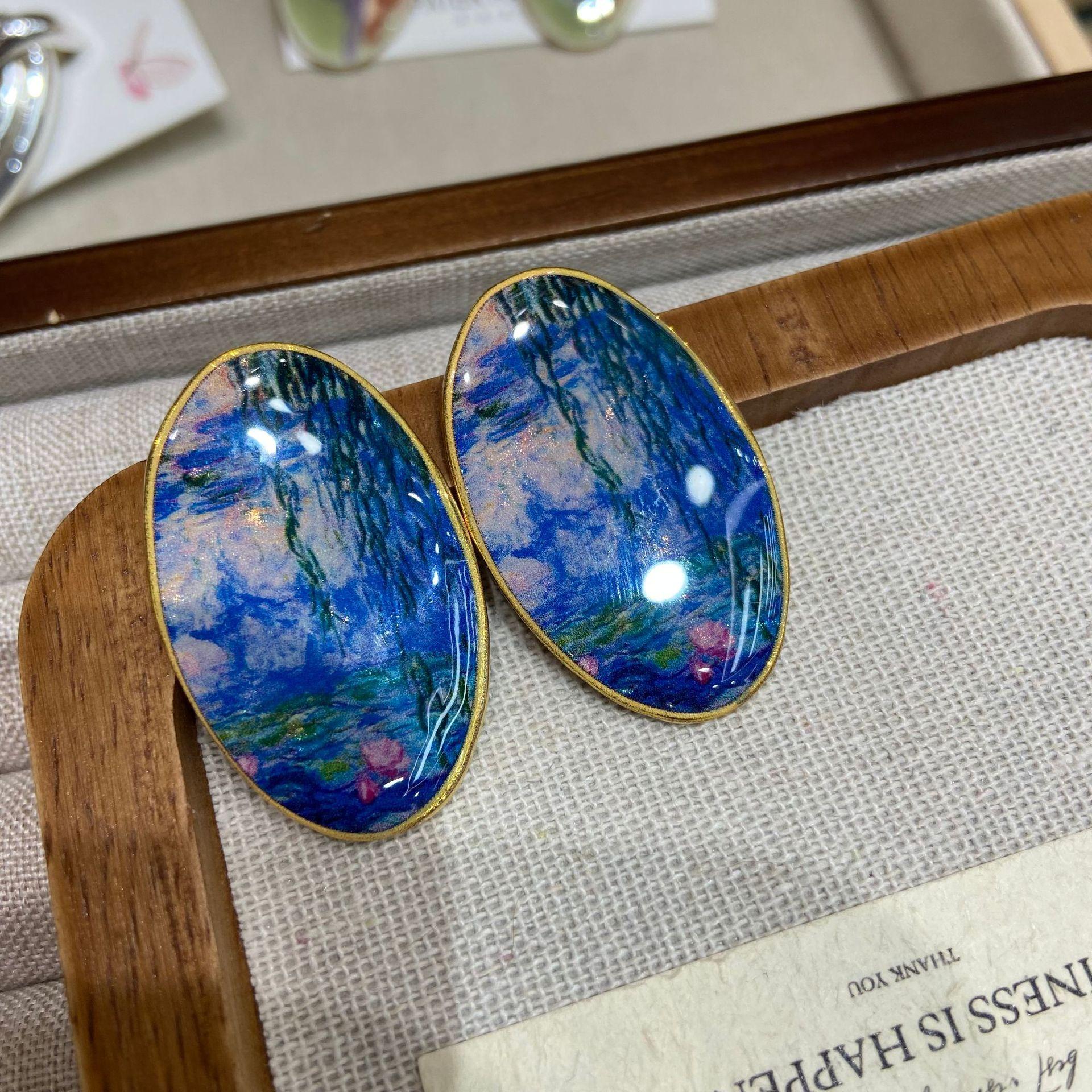 Vintage Monet Garden Van Gogh Series Oil Painting Long Earrings High-End Niche Earrings