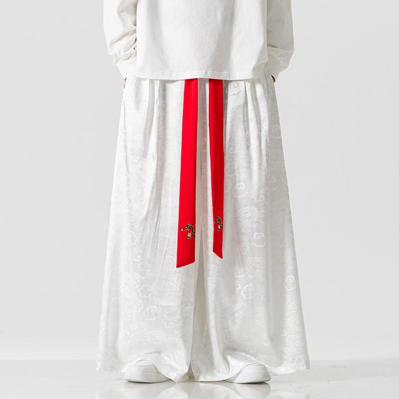 

2025 Мужские свободные широкие брюки в китайском стиле, летние повседневные черные брюки-юбки, модные мешковатые расклешенные брюки, мужские брюки с принтом в японском стиле Харадзюку XXXL белый