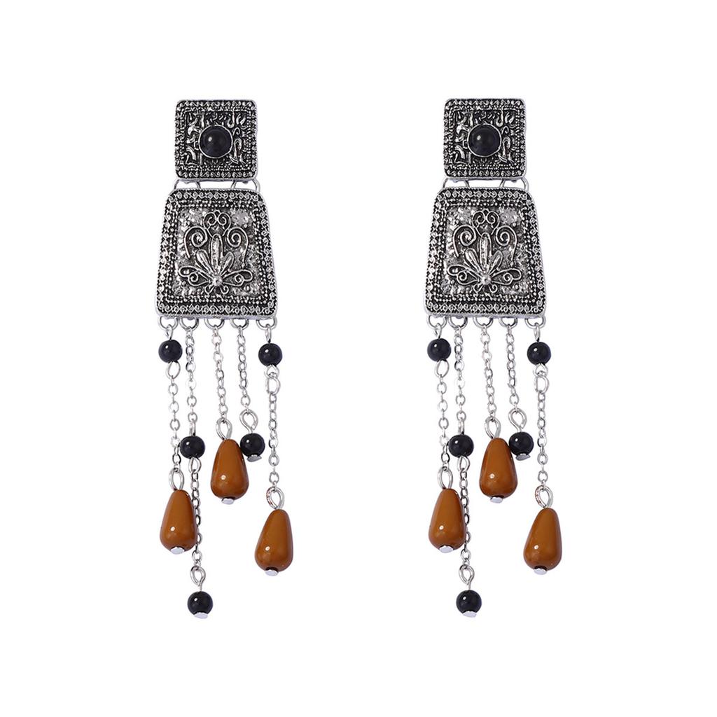 Light luxury retro court style splicing geometric flower alloy long fringed pendant earrings Bohemian