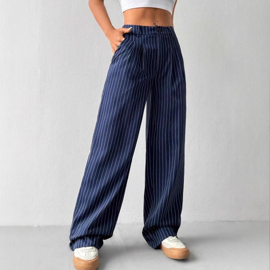 Blue Striped Casual Commuter Loose Wide Leg Casual Pants Trousers