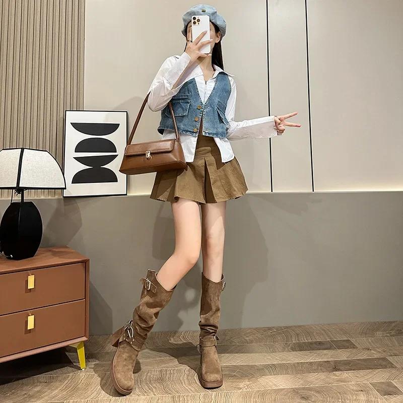 Fashion New Fold Women's Vintage Brown Metal Belt Buckle Western Cowboy Boots Square High Heel Long Boots Fashion Knight Boots 2025