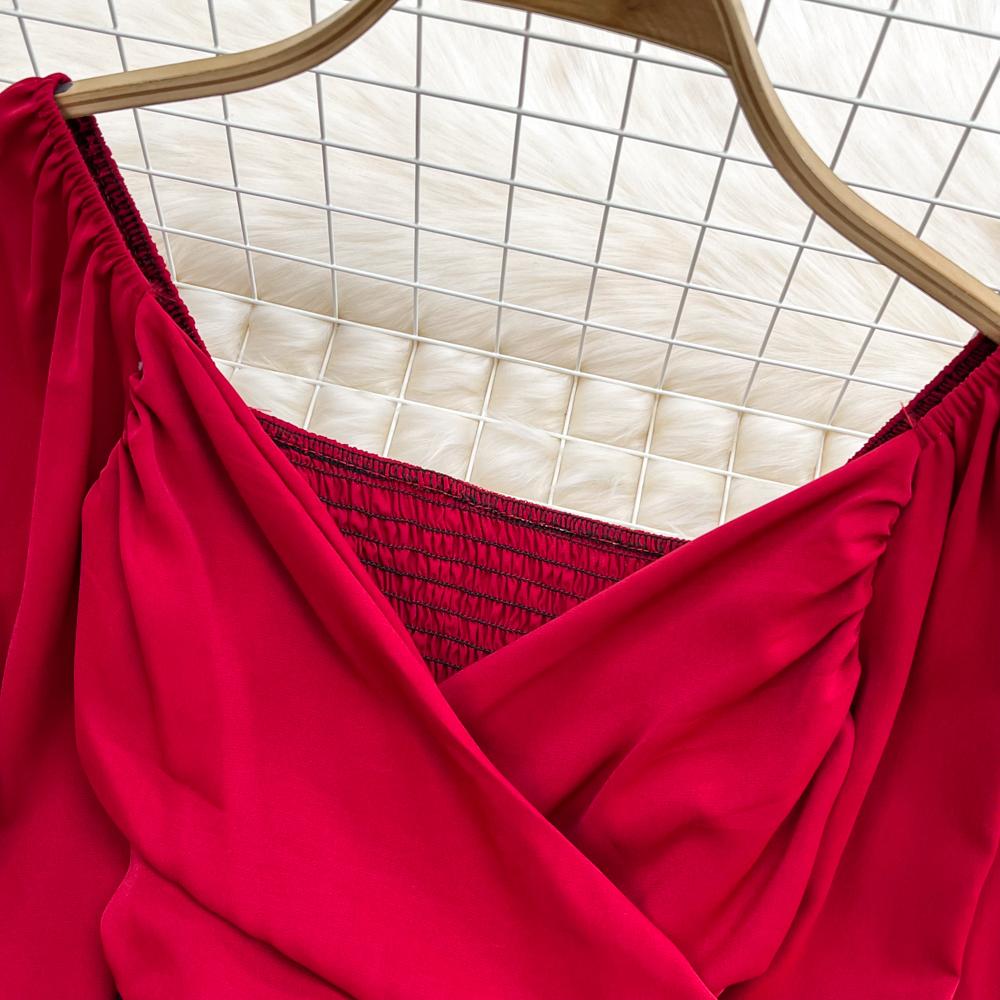 YYFS Naiste mood vabaaja kevadsügise ühevärvilise trükiga pikkade varrukatega V-kaelusega pluusid ja särgid