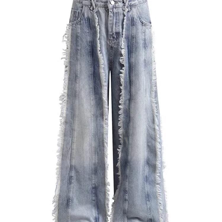 Unisex High-Street Retro Tassel Stitching Wide-Leg Jeans