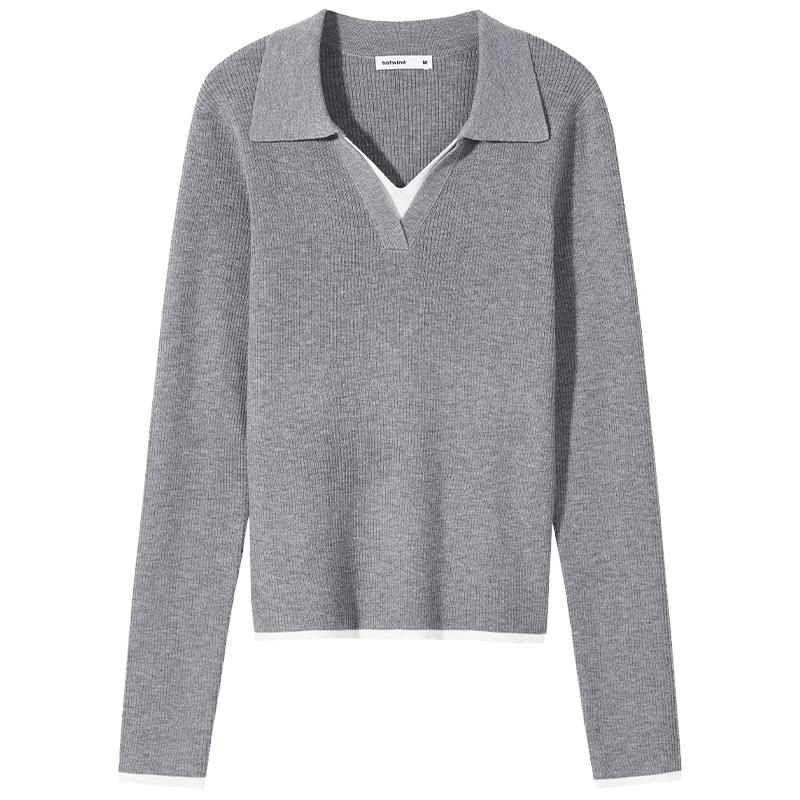 Hotwind Women s Faux Two-Piece Ribbed Lapel Knit Top L