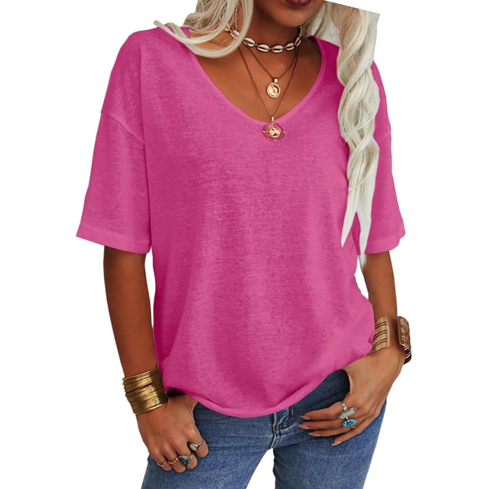 Camiseta feminina gola V casual verão manga curta top solto cor sólida camiseta