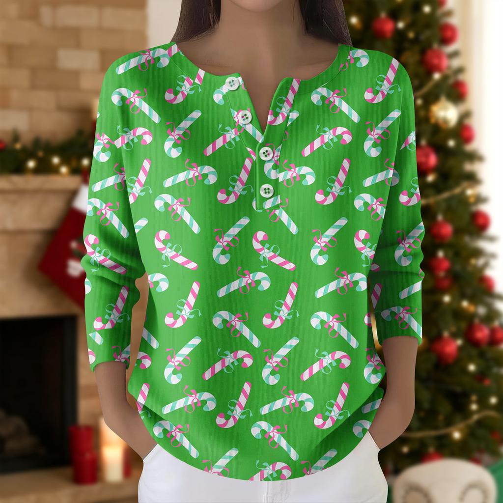 Damska Moda Top z Długim Rękawem z Nadrukiem Świątecznej Śnieżynki Elegancki Casualowy Top