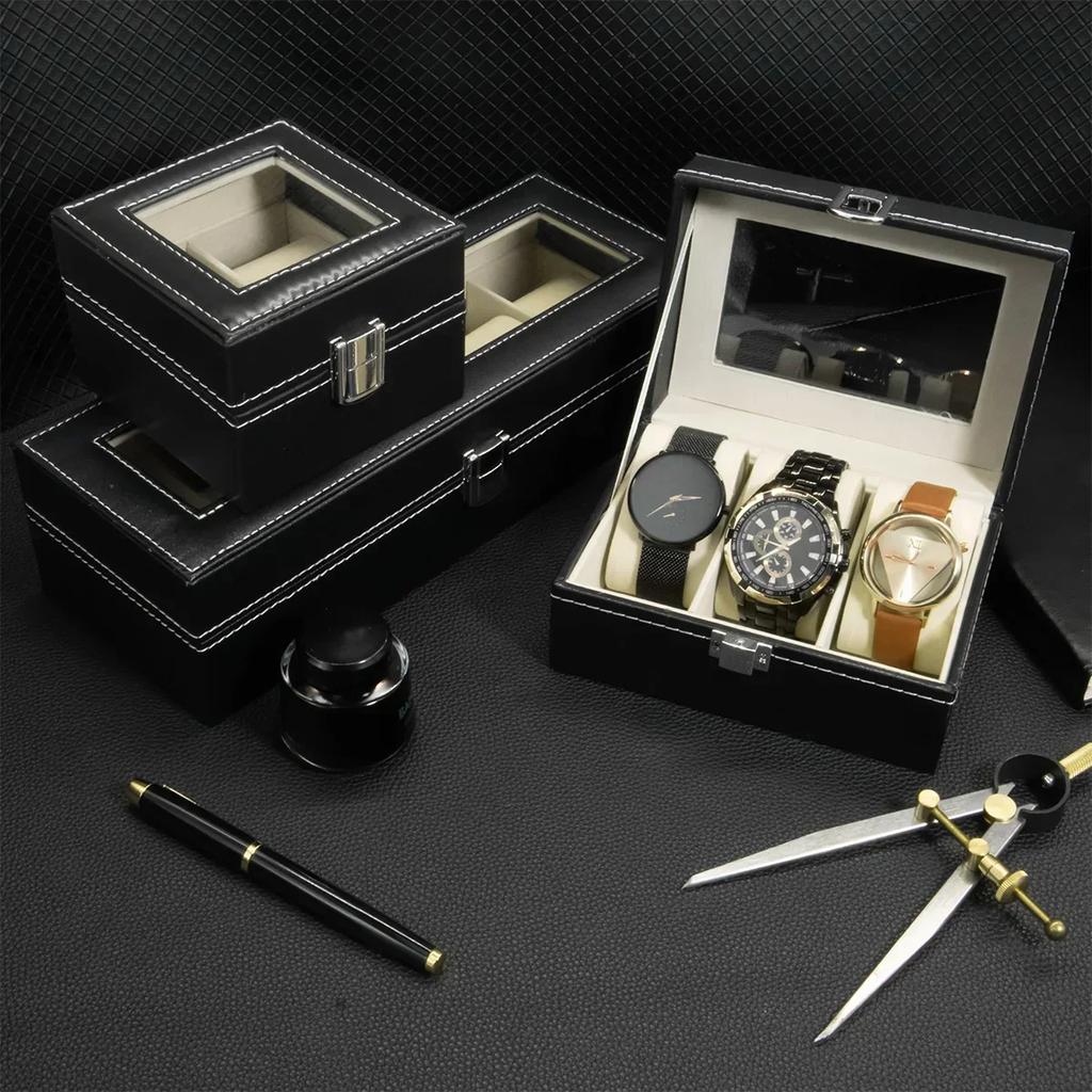 Hot Sale PU Leather Display Storage 2/3/6/10/12 Girds Collection Organizer Watch Box For Men Watch Display Case With Glass Top