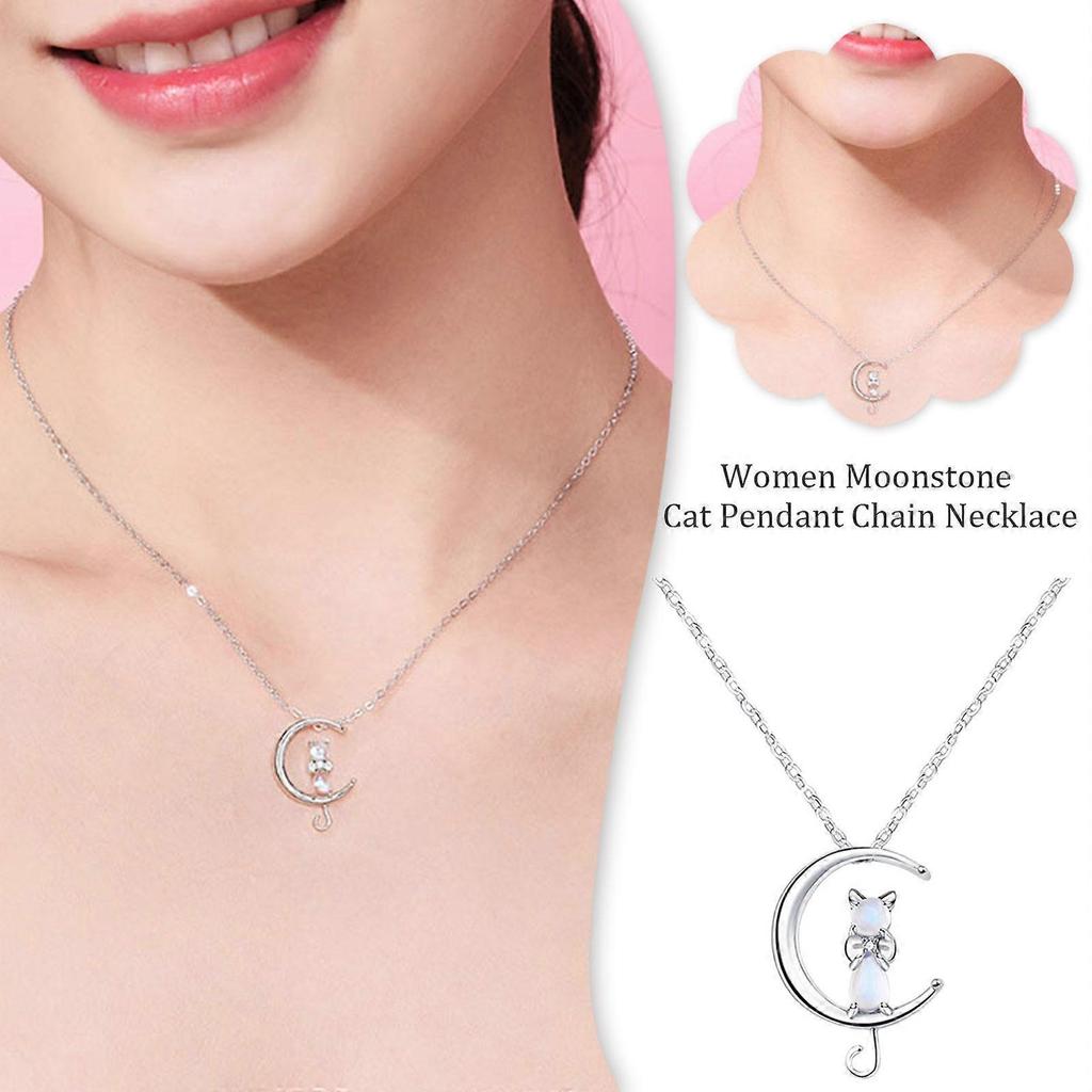 Women Moonstone Cat Pendant Chain Necklace Copper Jewellery
