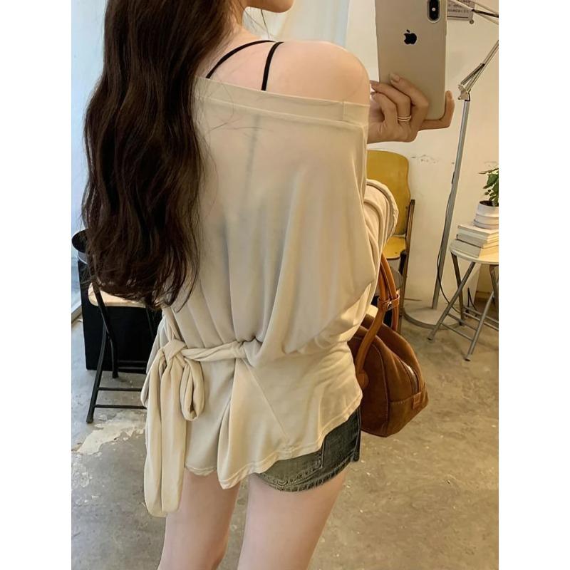 Sexy Thin See Through Long Sleeve Oversize T Shirt Women Bandage Off Shoulder Female Basic Long Tees Korean Chic Lady