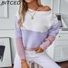 BITCED Colour-Block Off-the-Shoulder Button-Front Pullover Women's Sweater Autumn/Winter Casual Oversized Knitwear