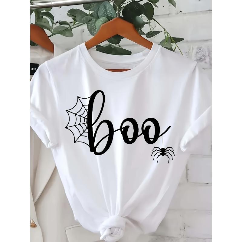 Womens Boo Spider Web Spider Print Crew Neck T Shirt Short Sleeve Machine Washable Casual Spring Summer All Season Halloween Top