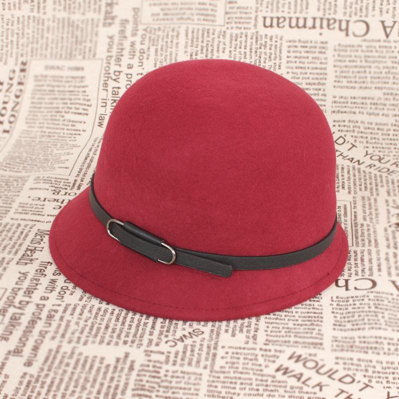Autumn and winter wool woolen hat women's retro belt decoration multi-colored basin hat bucket hat wool felt hat
