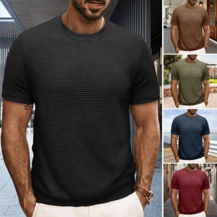 Casual Men Solid Color Short Sleeves Ribbed Elastic Round Neck Pullover Summer Slim Fit Daily Knitted T-shirt Tops Clothes