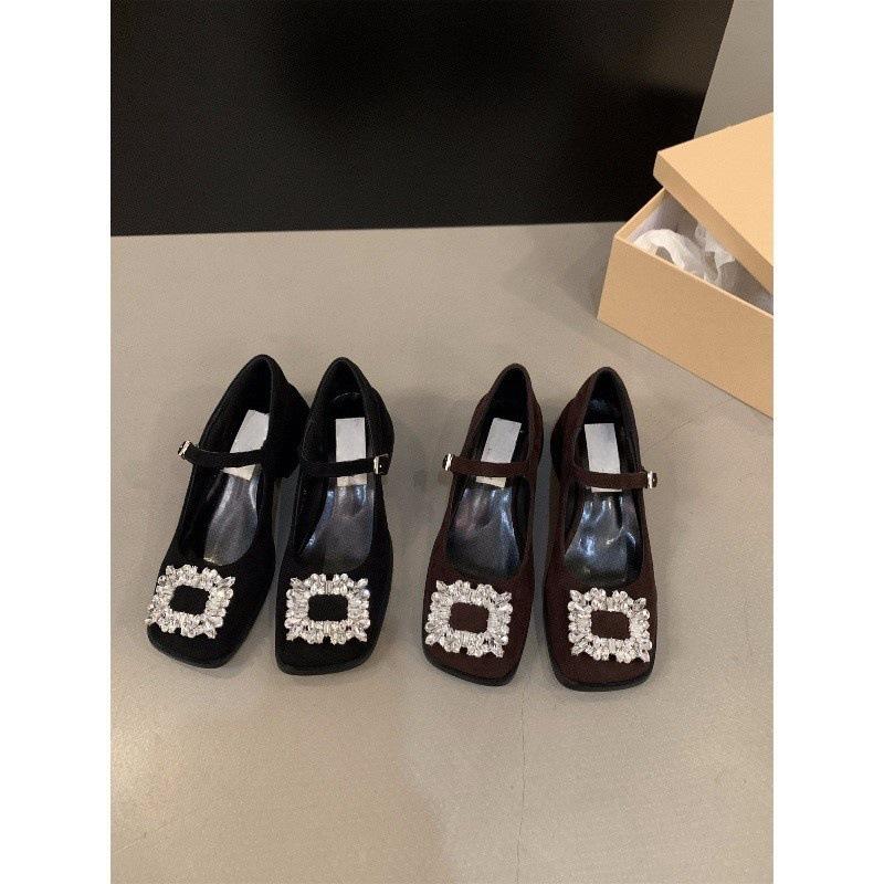 Thick Heel High Heels Retro Square Head Rhinestone Mary Jane Small Leather Shoes Women's Shoes Spring Autumn Winter Black Single Shoes