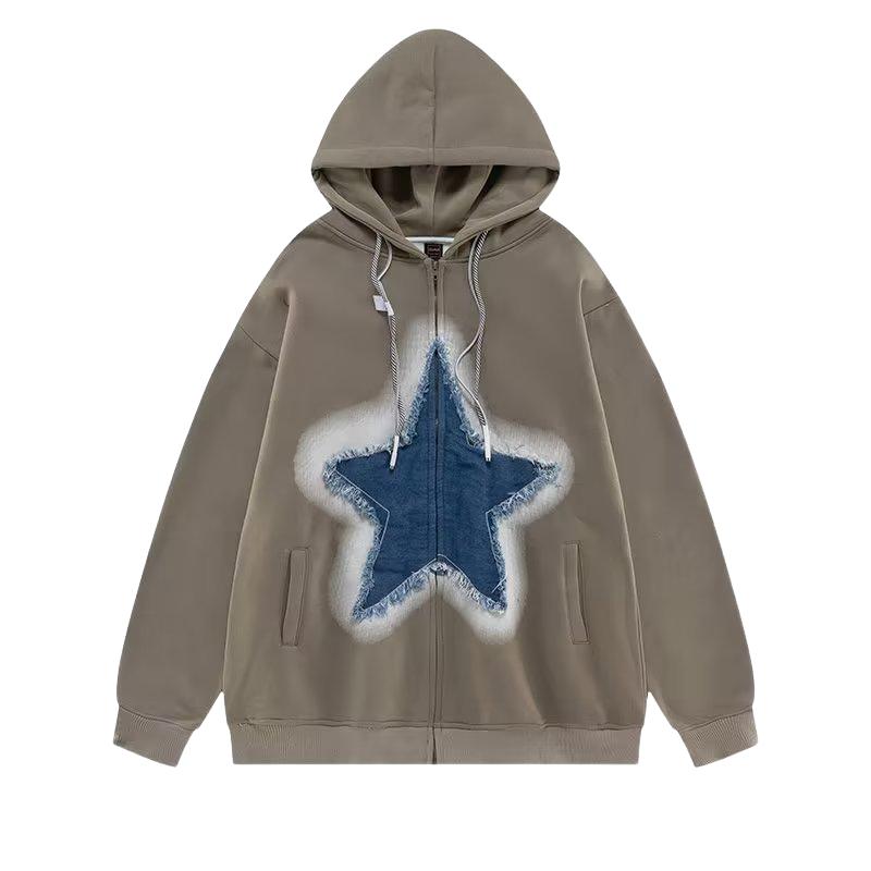 2026 Spring And Autumn New Trendy American Retro Letter Star Printed Jacket Hoodie Trendy Men's Loose Casual Solid Color Jacket