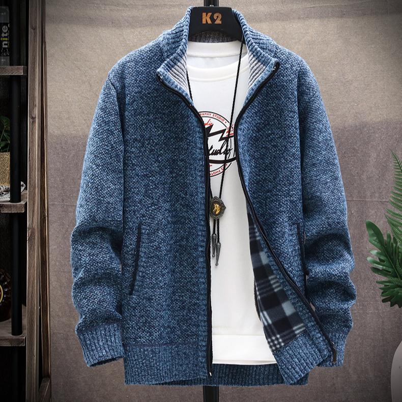 Knitted Cardigan Solid Color Sweater Men Zipper Autumn Long-sleeved Jacket Warm Fleece Cardigans Jacket