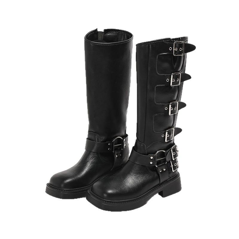 Maillard retro knee boots women's 2025 new gold belt buckle western cowboy knight boots