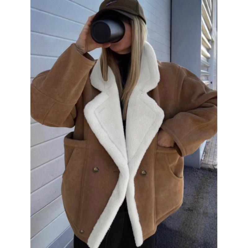 Women's Loose-Fit Warm Vintage Shearling Coat for Fall/Winter Thick Fluffy Splicing Big Lapel Coats Lady Street Jackets