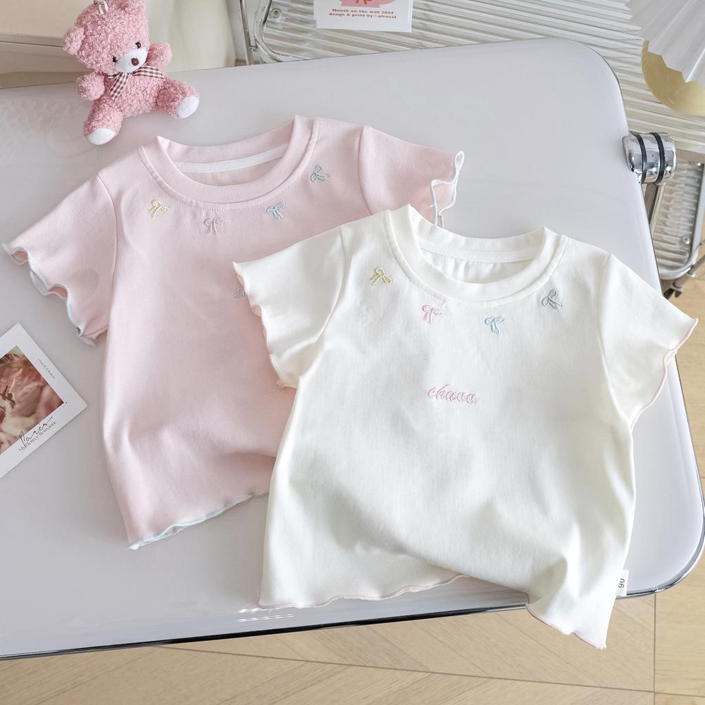 Girls Summer Short Sleeve T Shirt With Bow Tie Baby Versatile Base Layer Top Trendy Casual Tee For Kids